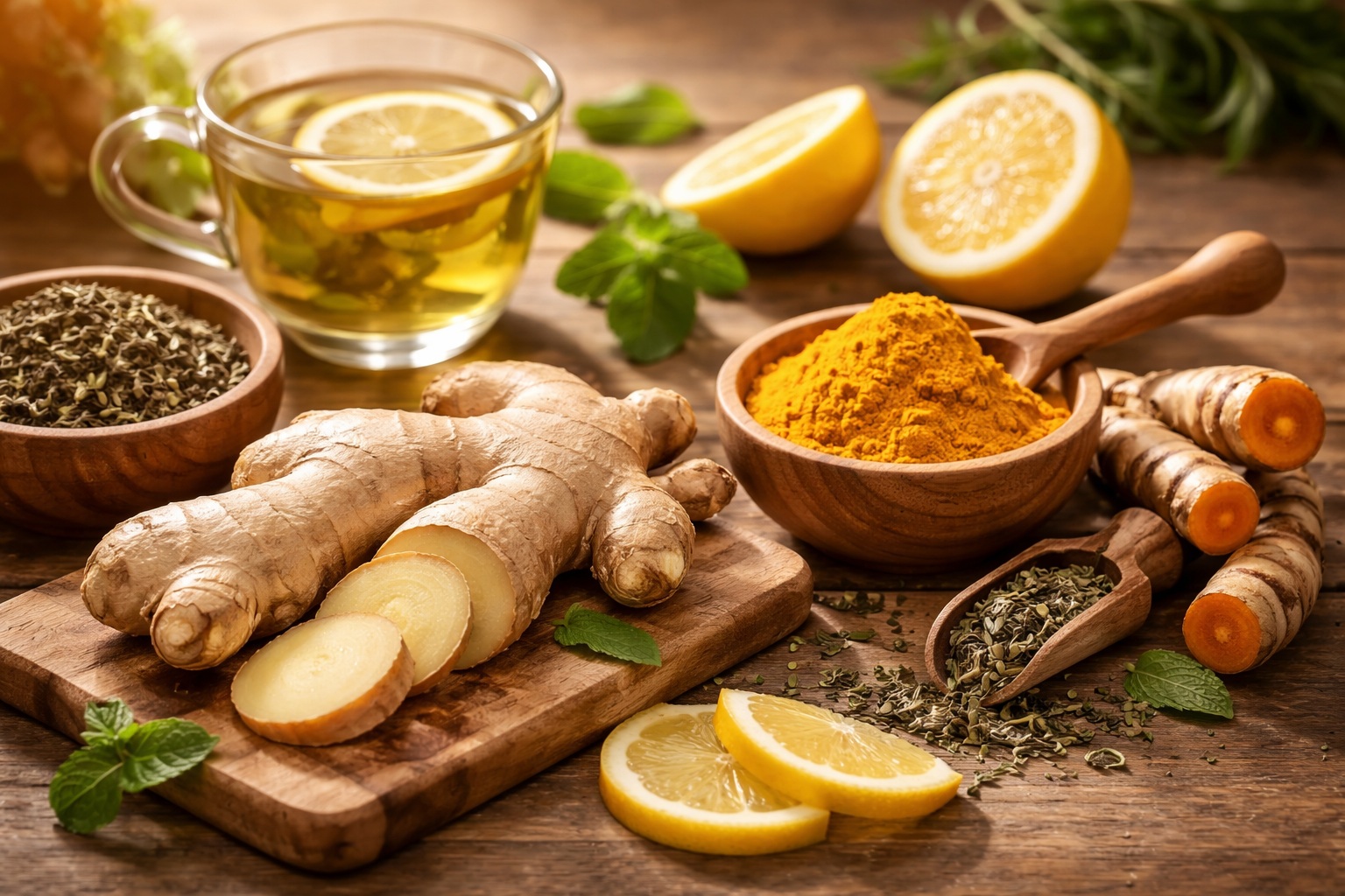 Fresh ginger root, turmeric powder, green tea leaves and lemon slices arranged on a wooden table, natural morning light, warm earthy tones, healthy lifestyle composition